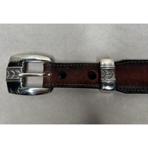 Justin Top Grain Leather Western Belt Brown Silver Buckle Concho Size 39 USA - Picture 3 of 9